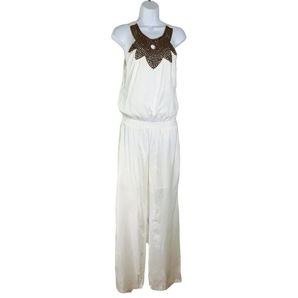Wayan Wide Leg Jumpsuit Size M Sleeveless Beaded Gold Bib Collar Boho Chic NWT